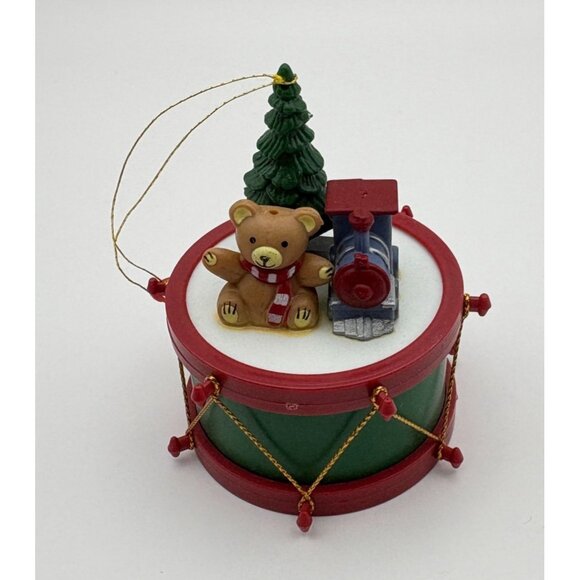 Vintage Toy Drum Christmas Tree Ornament Teddy Bear and Train Whimsical - Picture 8 of 8